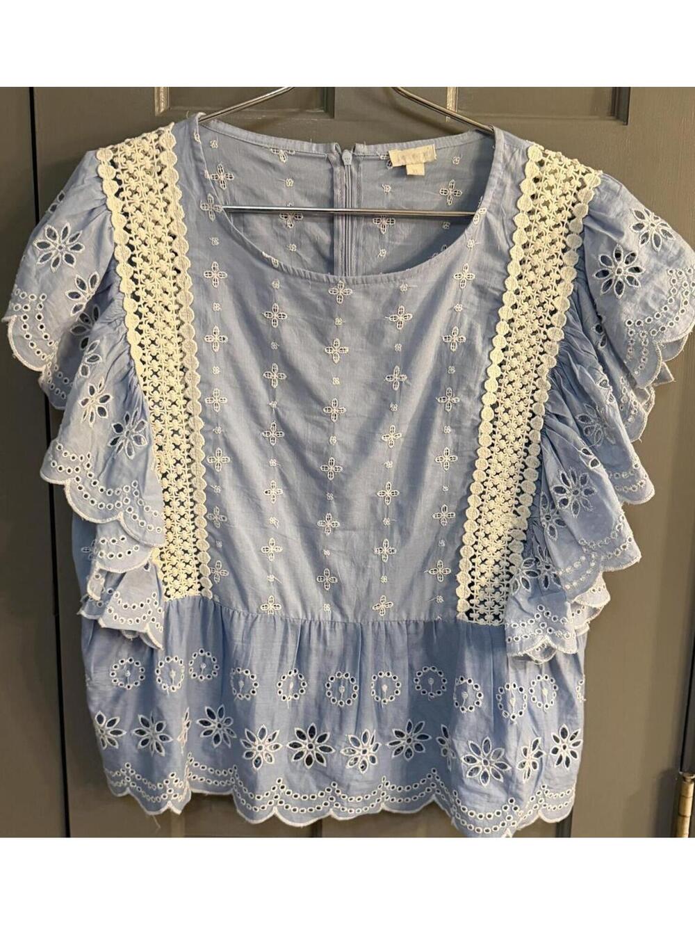 Jennifer & Grace Light Blue Eyelet Lace Cotton Flutter Sleeve Blouse Top Size XL